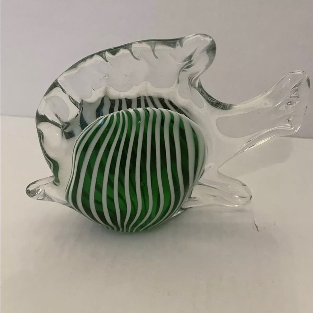 Art Glass ANGEL FISH Hand Blown Green & White Decorative Paperweight Figurine
